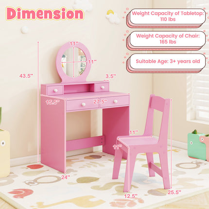 Kids Pink Vanity Set with Mirror and Chair – MDF & Acrylic