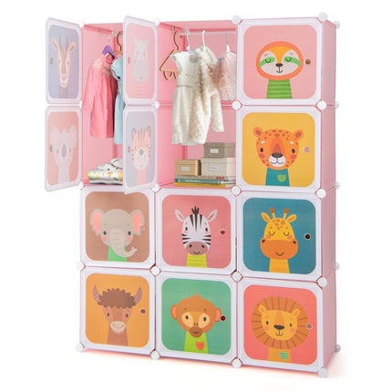 Kids Plastic Wardrobe with 12 Cubes and Doors, Pink