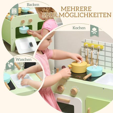 Kids Play Kitchen Set, MDF, 15 Accessories, Green, 40 cm