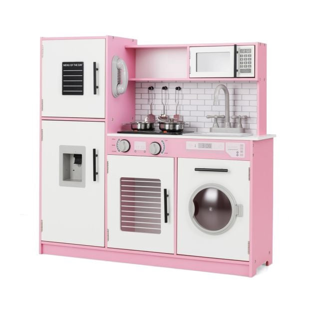 Kids Play Kitchen Set – Oven, Washing Machine, Lights, Pink