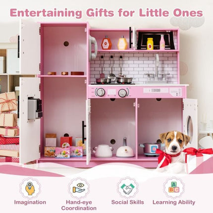 Kids Play Kitchen Set – Oven, Washing Machine, Lights, Pink