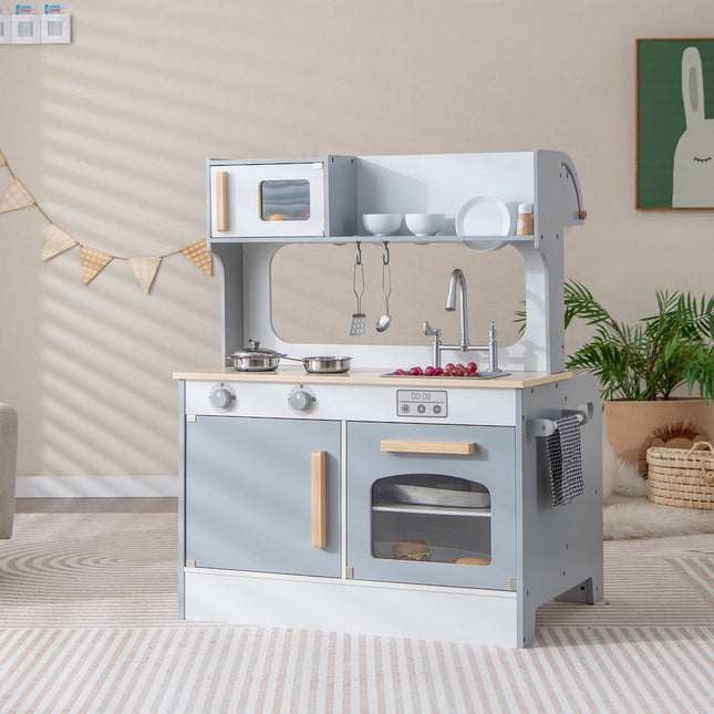 Kids Pretend Kitchen Playset – Double-Sided, 2-Seat Cafe, Gray