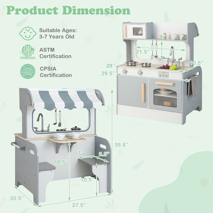 Kids Pretend Kitchen Playset – Double-Sided, 2-Seat Cafe, Gray