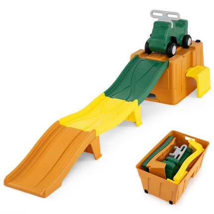 Kids Ride-On Toy with Storage & Race Tracks – Rustic Brown