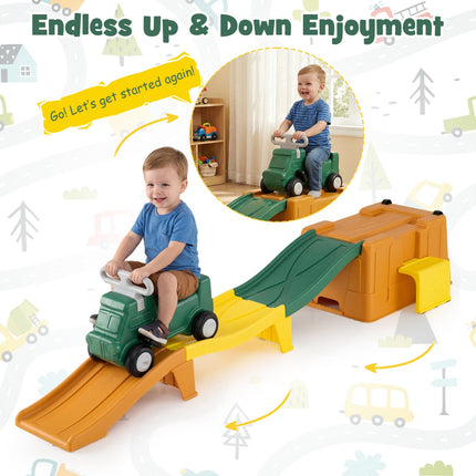 Kids Ride-On Toy with Storage & Race Tracks – Rustic Brown