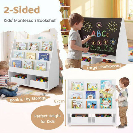 Kids Rolling Bookshelf with Chalkboard and Storage Cubes