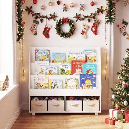 Kids Rolling Bookshelf with Chalkboard and Storage Cubes
