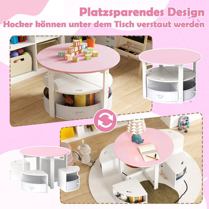Kids Round Table Set with 4 Storage Stools, Pink