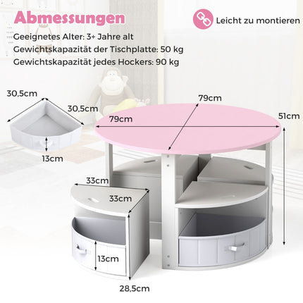 Kids Round Table Set with 4 Storage Stools, Pink