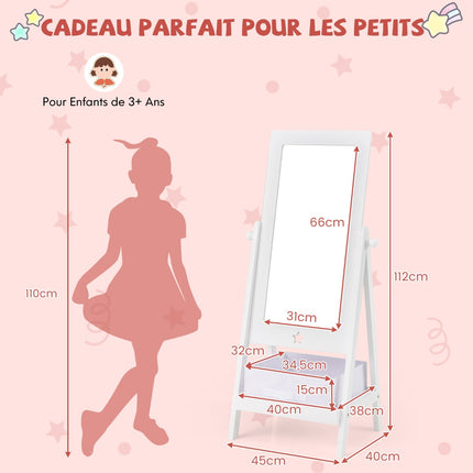 Kids Standing Mirror, 360 Rotating, Shelf and Hooks, White
