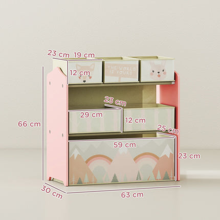 Kids Storage Cabinet with 6 Fabric Boxes, Pink, 63x30x66 cm