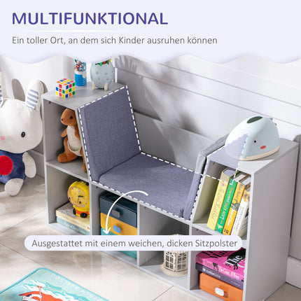 Kids Storage Shelf and Bench with Cushion, White/Grey