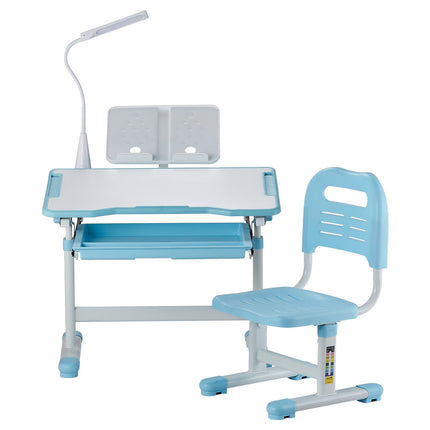 Kids Study Desk and Chair Set, Adjustable Tilt, Lamp, Blue
