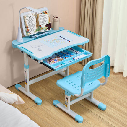 Kids Study Desk and Chair Set, Adjustable Tilt, Lamp, Blue