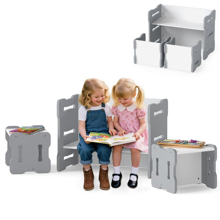Kids Table & Chair Set, 3-Piece, MDF, Gray, Rounded Edges