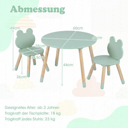 Kids Table and 2 Chairs Set, Green, Pine Wood