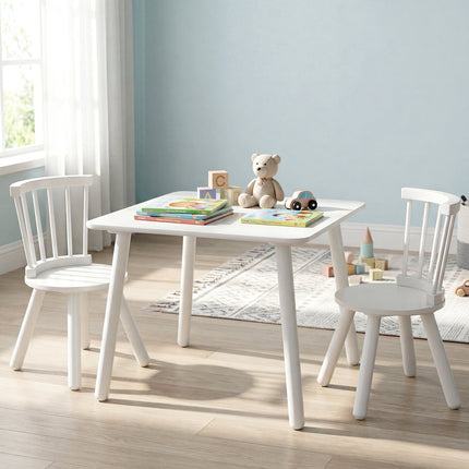 Kids Table and 2 Chairs Set, White, Wood, Ergonomic Design
