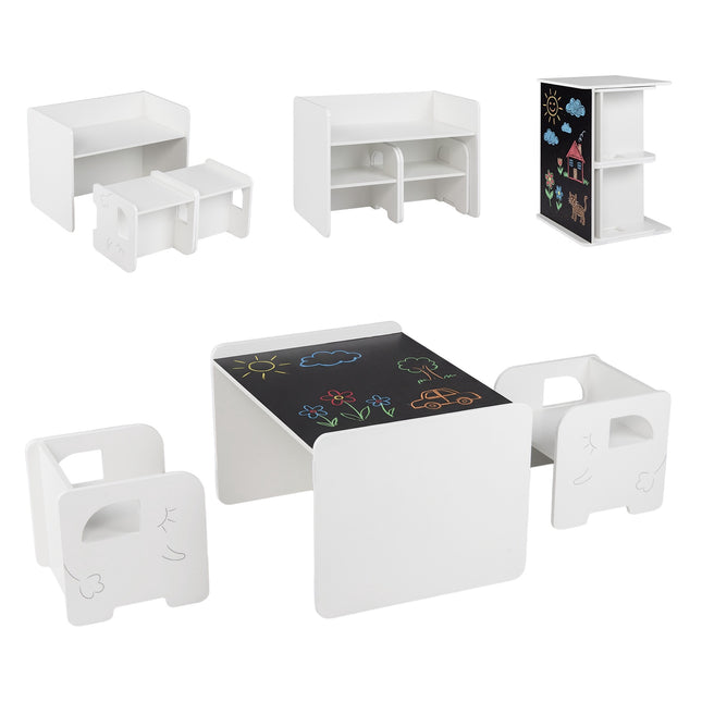 Kids Table and Chair Set, 3-Piece, Chalkboard, White