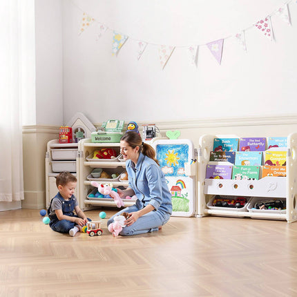 Kids Toy Storage Organizer with Bookshelf, 10 Bins, Drawing Board