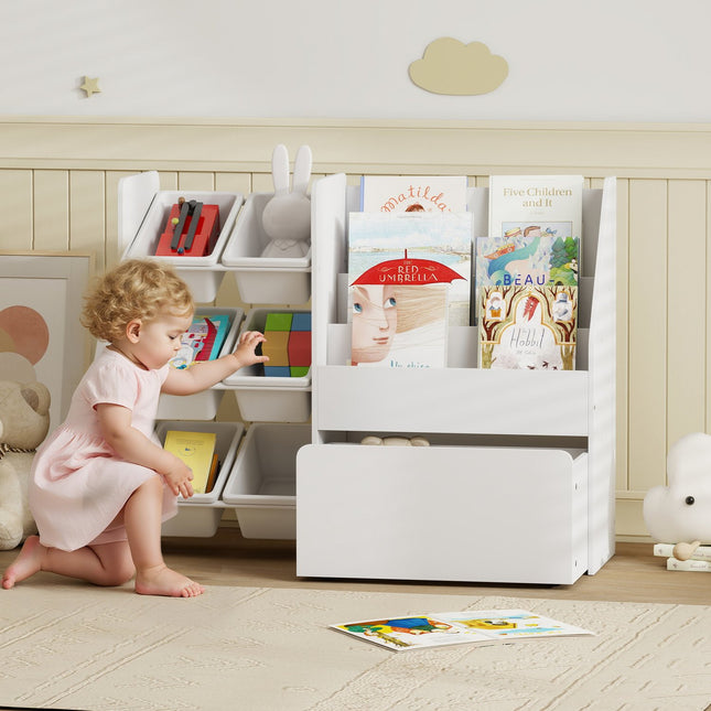 Kids Toy Storage Shelf with 6 Bins, Rolling Box, White