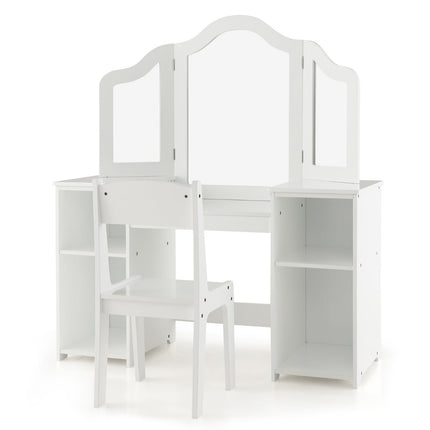 Kids Vanity & Desk Set with Tri-Fold Mirror, White