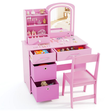 Kids Vanity Set With Lighted Mirror, Chair, Drawers, Pink