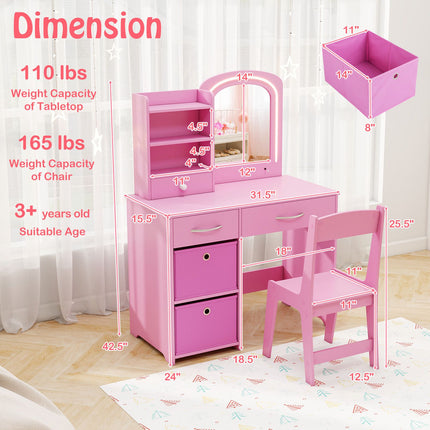 Kids Vanity Set With Lighted Mirror, Chair, Drawers, Pink