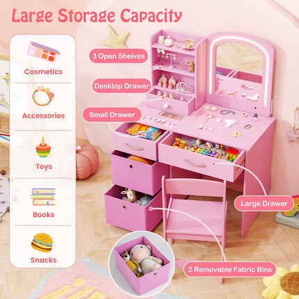 Kids Vanity Set With Lighted Mirror, Chair, Drawers, Pink