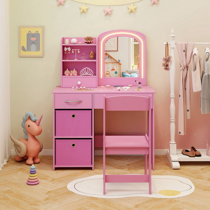 Kids Vanity Set With Lighted Mirror, Chair, Drawers, Pink