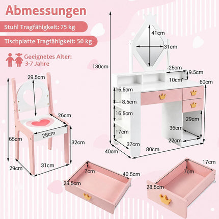 Kids Vanity Set with Crown Mirror & Chair – White & Pink
