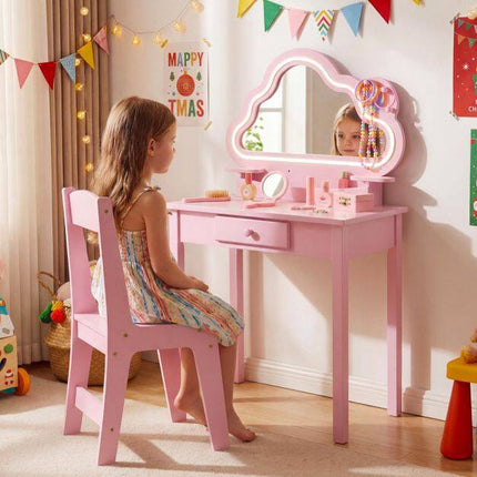Kids Vanity Set with LED Cloud Mirror & Stool - Pink