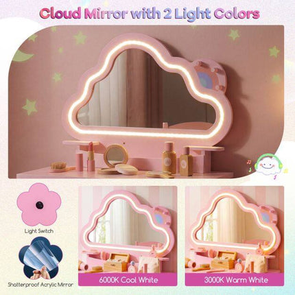 Kids Vanity Set with LED Cloud Mirror & Stool - Pink