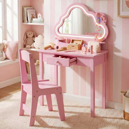 Kids Vanity Set with LED Cloud Mirror & Stool - Pink