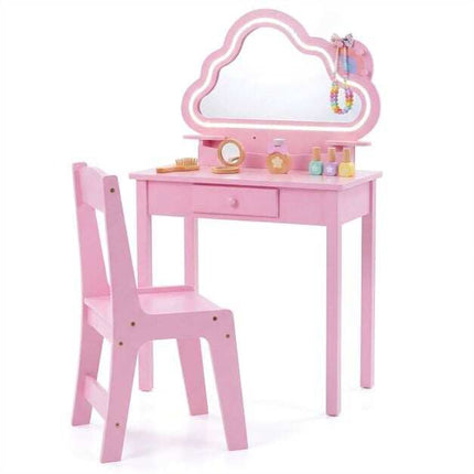 Kids Vanity Set with LED Cloud Mirror & Stool - Pink