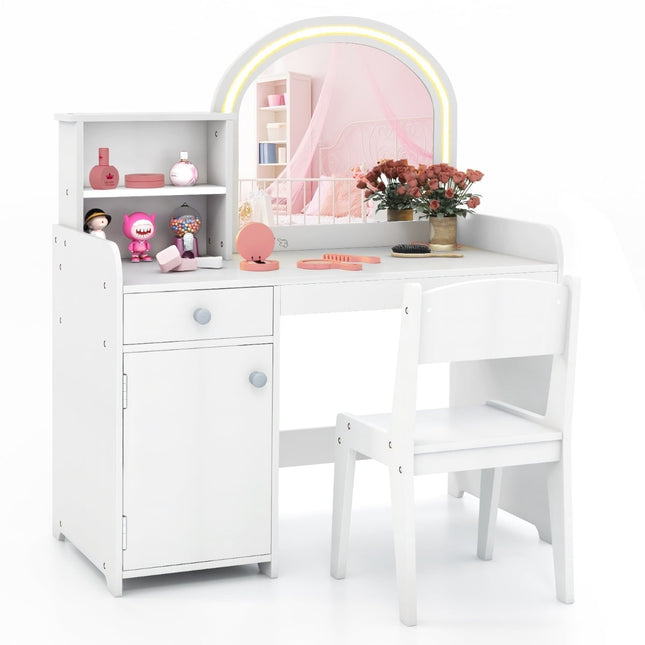 Kids Vanity Set with LED Mirror, Stool, and Storage