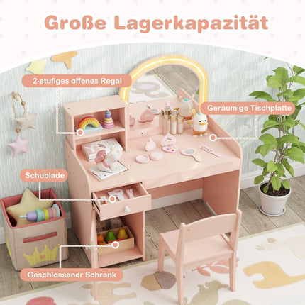 Kids Vanity Set with LED Mirror, Stool, and Storage