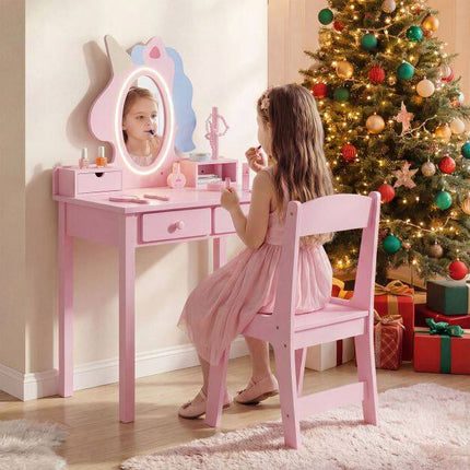 Kids Vanity Set with Lighted Mirror and Stool - Pink