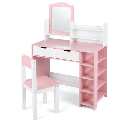 Kids Vanity Set with Mirror, Chair, Storage – Pink & White