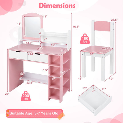 Kids Vanity Set with Mirror, Chair, Storage – Pink & White