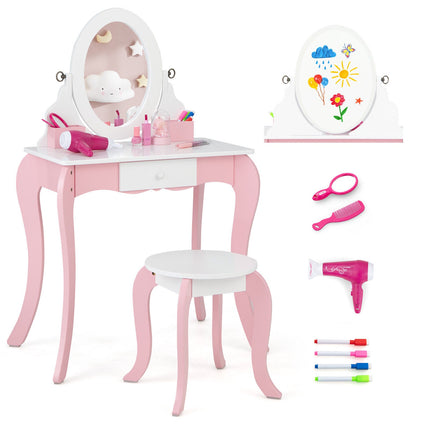 Kids Vanity Set with Rotating Mirror, Stool, Pink White