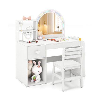 Kids Vanity Table & Chair Set with Lighted Mirror, White