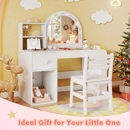 Kids Vanity Table & Chair Set with Lighted Mirror, White