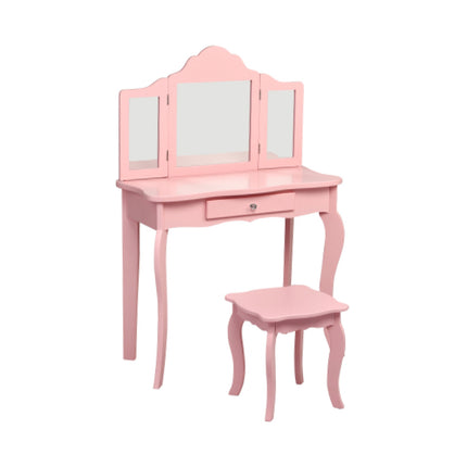 Kids Vanity Table Set, Stool, Tri-Fold Mirror, Drawer