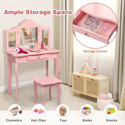 Kids Vanity Table Set, Stool, Tri-Fold Mirror, Drawer