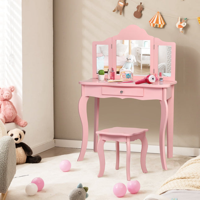 Kids Vanity Table Set, Stool, Tri-Fold Mirror, Drawer