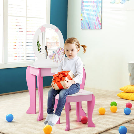 Kids Vanity Table Set With Mirror, Stool and Drawer