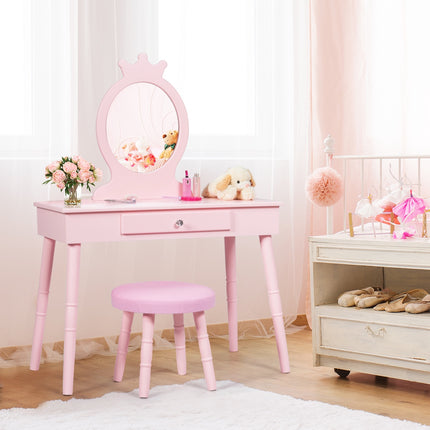 Kids Vanity Table Set With Stool, Mirror, Drawer, Pink