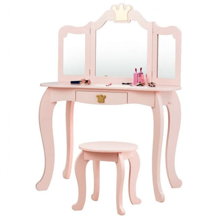 Kids Vanity Table Set With Stool, Tri-Fold Mirror, Drawer