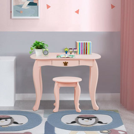 Kids Vanity Table Set With Stool, Tri-Fold Mirror, Drawer