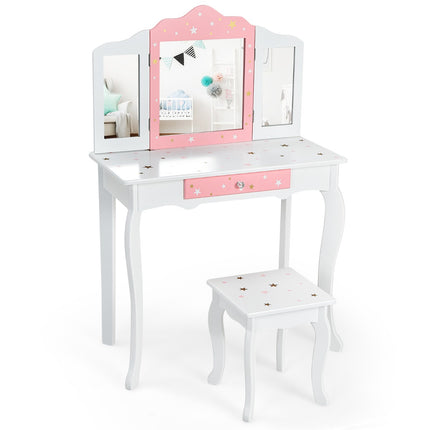 Kids Vanity Table Set With Stool, Tri-Fold Mirror, Drawer